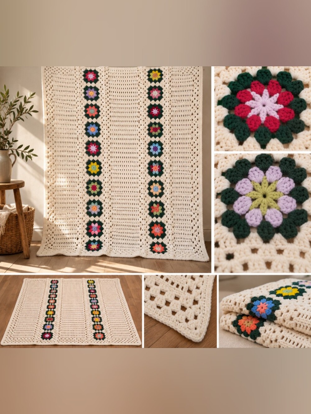 Vintage Handmade Crochet Floral Afghan – 60" × 46"